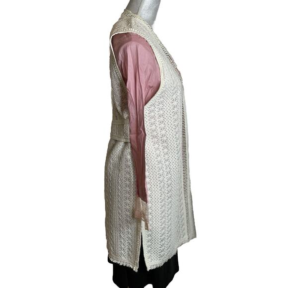Elie Tahari Cream White Crochet look Darlene Vest M, Sleeveless Duster Open Knit - Picture 4 of 15